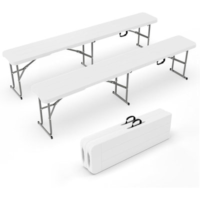 Banc pliant en plastique de 6 pieds, siège de camping pour fête de pique-nique portable intérieur / extérieur, activités de divertissement polyvalentes de soccer de jardin, plateau de table en PEHD lisse, paquet de 2, blanc