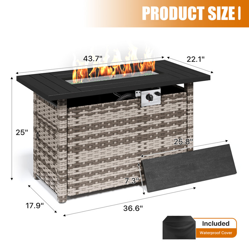 44" Propane Fire Pit Table, 2-in-1 Outdoor Gas Fire Pit with Lid, 50,000 BTU, CSA Certified, Rattan & Woodgrain Design, Grey