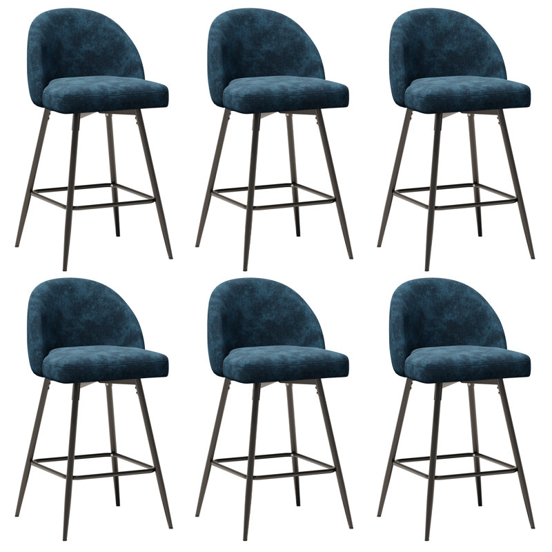 Ensemble de 6 tabourets de bar à hauteur de comptoir avec dossier et pieds en métal Levick, Bleu / Velours