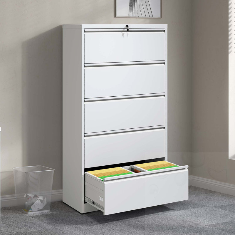 Classeur latéral en métal 5 tiroirs avec serrure, Blanc