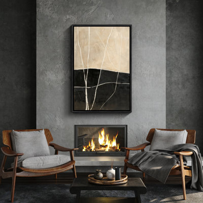 «Neutral Minimalist Landscape Line Abstract Beige Black Contemporary Calm», reproduction d'art encadrée