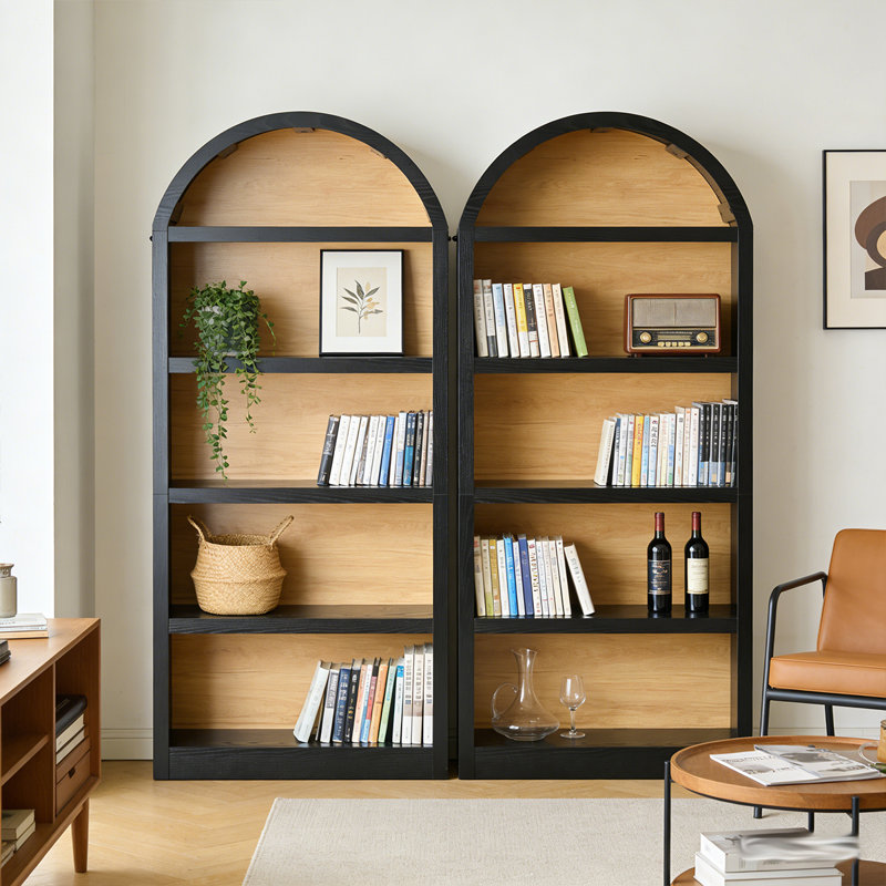 69" Tall Freestanding Arched Bookshelves Set of 2,Two-Tone Open Storage Cabinet, Farmhouse 5-Tier Display Bookcase for Living Room, Bedroom, Home Office, Black+Natural
