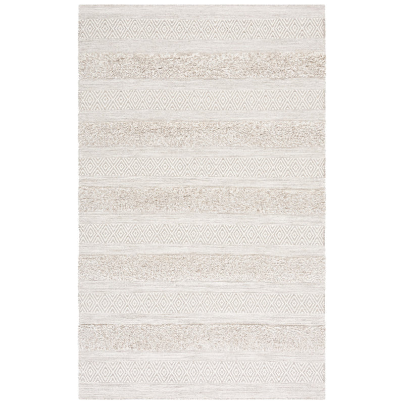 Vermont Hand Woven Wool/Cotton Striped Rug in Beige/Gray, Rectangle 5' x 8'