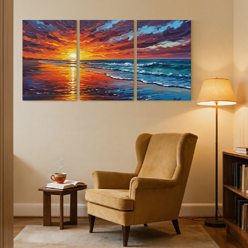 «Nautical & Beach Sunset Sky Ocean Waves Beach», ensemble de 3 reproductions d'art sur toile, H 24 po x l 48 po