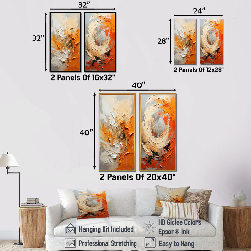 Orange And Beige Echoes Of Modern Shapes I - Abstract Painting Canvas Prints Set Of 2, 32" H x 33" W, Wrapped Canvas