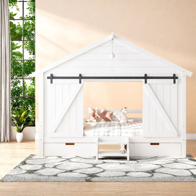 Lit double avec rangement, structure en bois, MDF et métal, style ferme moderne blanc pour la maison