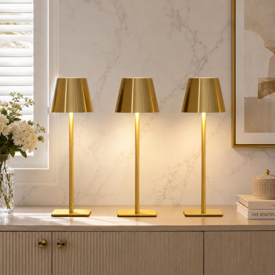 3-Pack Brushed-Gold Cordless Table Lamps with Rechargeable Batteries, Waterproof Portable Design, 3 Color Temperatures and Stepless Dimming for Dining, Desks, Cafes and Outdoor Use