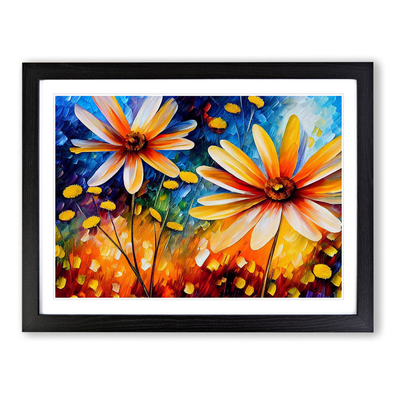 XH1022-6593X Painted Daisy Flowers Vol.1 Abstract - Single Picture Frame Print, Black Framed, 46cm H x 64cm W x 2cm D