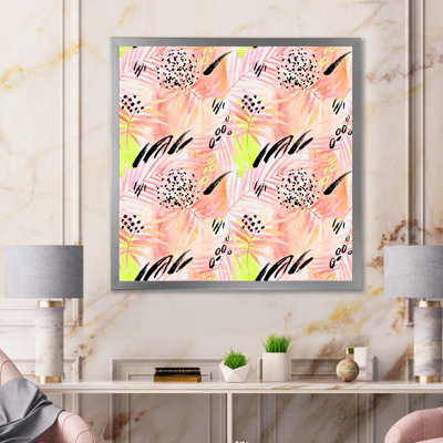 " Pink Colored Palm Leaf Retro Graphical Elements " Painting Print