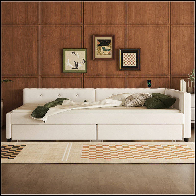Queen Size Upholstered Platform Bed With USB And 2 Drawers, Beige