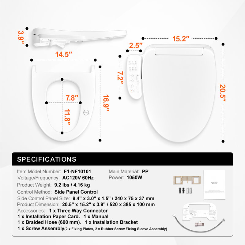 Siège de toilette allongé bidet électrique chauffant intelligent avec accoudoirs latéraux