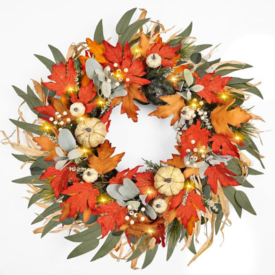 Couronne lumineuse d'automne pour la porte d'entrée avec citrouilles, feuillage d'automne et minuterie, couronne de récolte réaliste pour l'Action de grâce, porche de ferme, décoration intérieure saisonnière pour l'extérieur