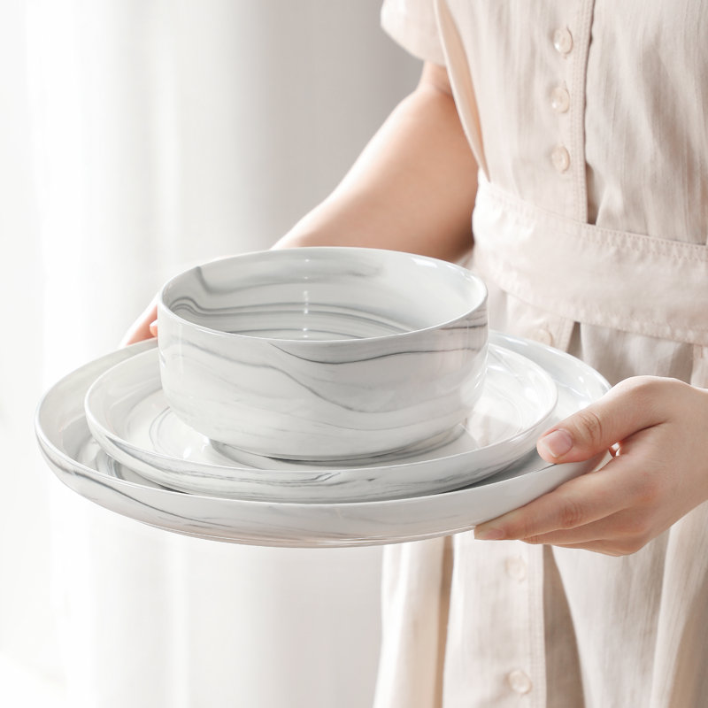 18-Piece Porcelain China Dinnerware Set - Service for 6, Grey/White