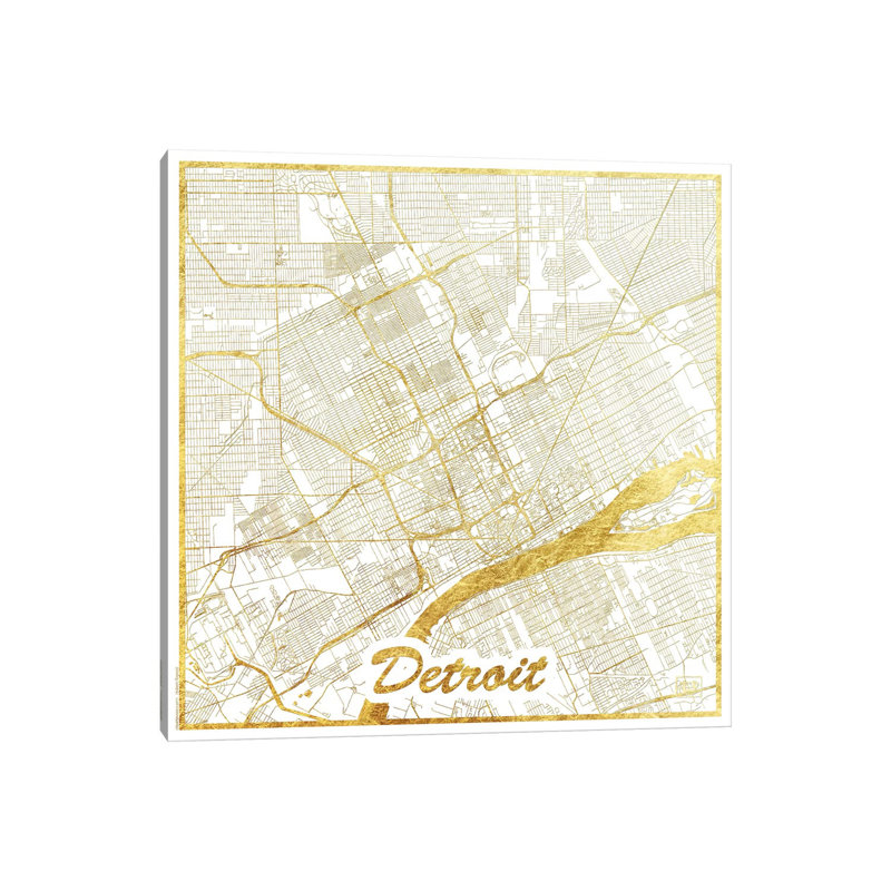 Detroit Gold Leaf Urban Blueprint Map by Hubert Roguski - Wrapped Canvas Print, 30.48 cm H x 30.48 cm W