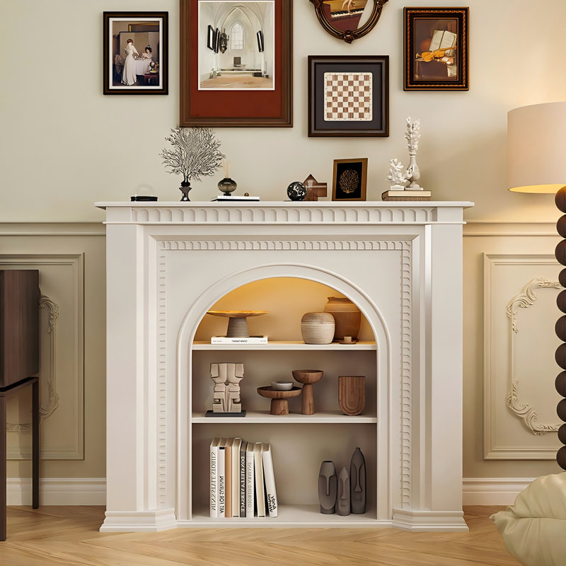 Armoire de cheminée en bois massif et en bois manufacturé blanc, H 43,11 po x l 47,26 po x P 12,6 po