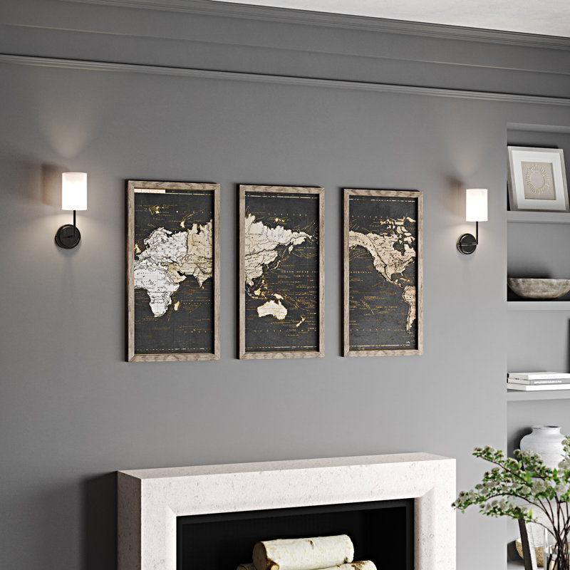 Carte du monde en or et gris par Elizabeth Medley - cadre photo 3 pièces, impression, L 40,5 po x H 25,5 po x P 1 po