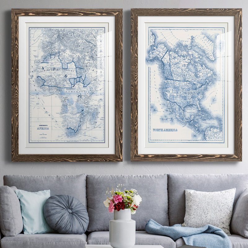 «Afrique dans les tons de bleu», ensemble de 2 impressions encadrées, H 43,5 po x l 31,5 po x P 1 po, Papier, cadre noyer