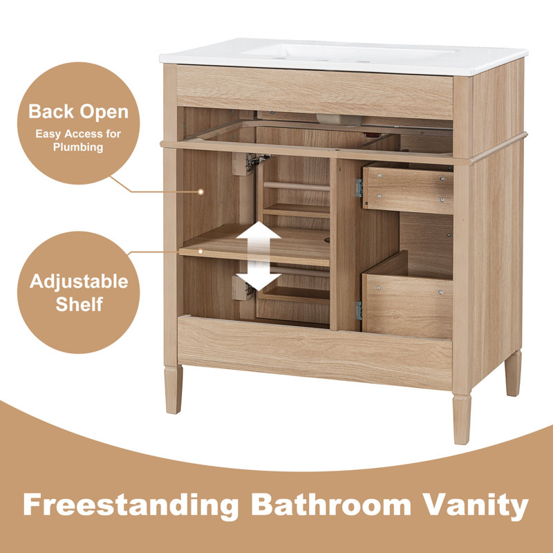Meuble-lavabo simple sur pied l 30 po avec système de rangement à fermeture en douceur et tiroir rabattable, Marron clair