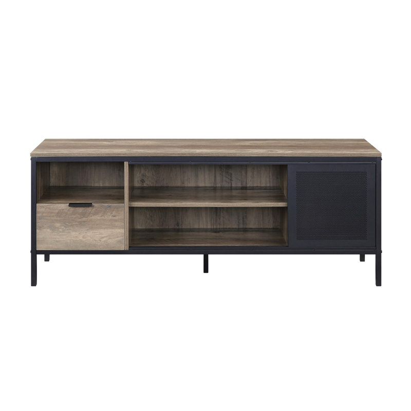 Meuble télé de 50 à 59 pouces, chêne rustique, structure en métal noir, 1 tiroir, 4 compartiments de rangement, meuble à écran plat de 55 po avec chêne et design, compartiments de tiroir pour centre de divertissement