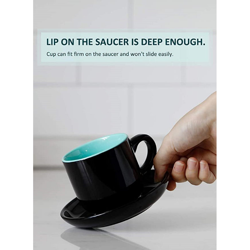 Porcelain Espresso Cups And Saucers Set With Metal Rack, 3 Oz For Single Double Espresso, Latte, Demitasse Cups Set Of 6, Dark Green