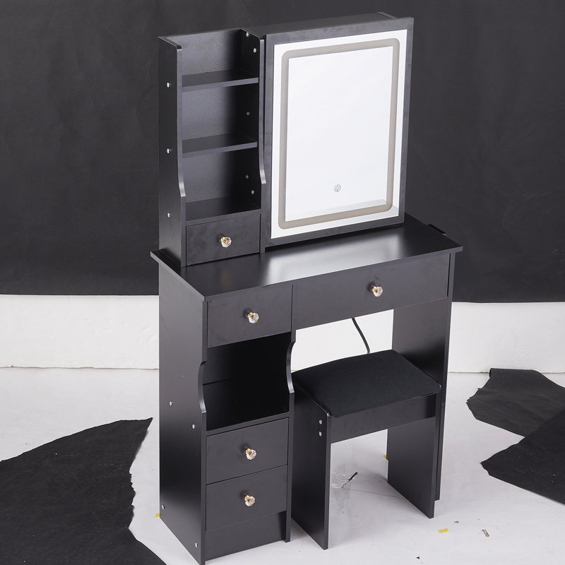 Petit meuble-lavabo de bureau à gauche avec petit tabouret + tabouret rembourré, miroir DEL coulissant à contrôle tactile, changement de couleur tricolore, réglage de la luminosité, multicouche, convient aux petits espaces, certificat EPA, GCC, UL