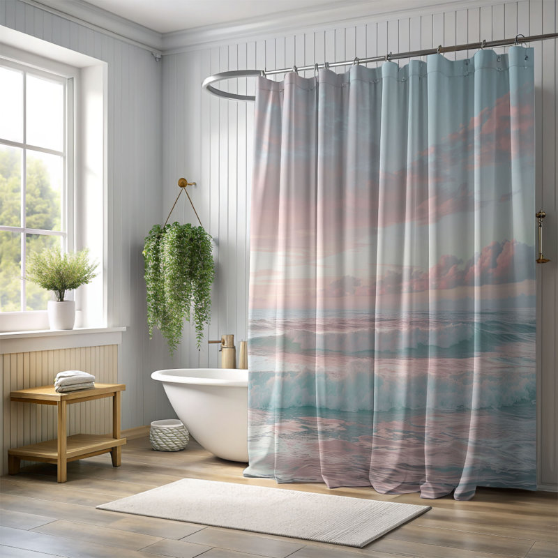 Rideau de douche standard 1 pièce Soft Horizon Seascapes, H 74 po x l 71 po, Teal Peach