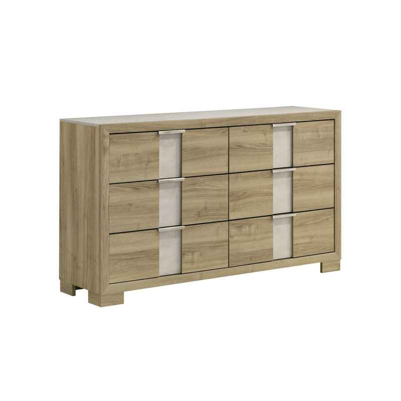 Commode large Amey avec 6 tiroirs, garniture blanche, finition brun bois flotté