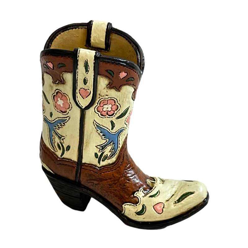 Polyresin White & Brown Floral Bird Pattern Western Country Rustic Cowboy Boot Freestanding Figurine