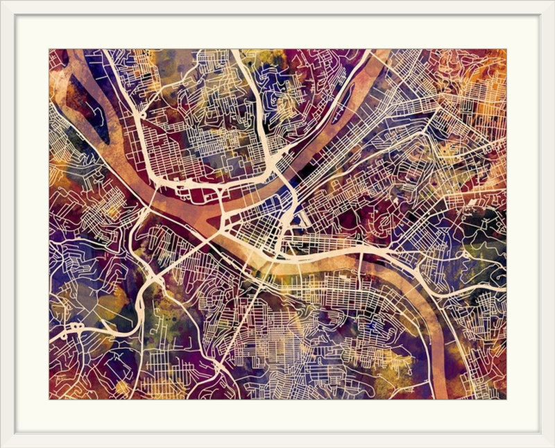 «Pittsburgh Pennsylvania Street Map» par Bellen, impression, Cadre blanc, H 20 po x l 24 po x P 1 po