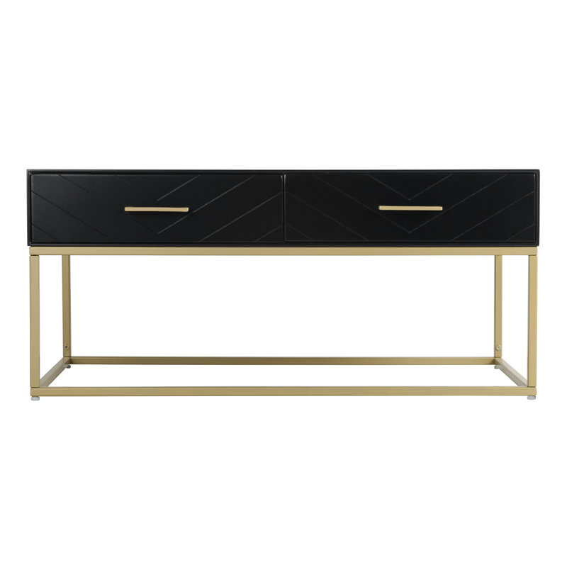 Table basse moderne avec deux tiroirs Tommy Hilfiger Ellias, plateau noir brillant, structure en métal doré