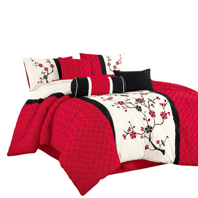 Red Black White Floral Embroidered Quilted Comforter Set, Complete Bedding with Shams, Pillows & Bed Skirt，Cal King
