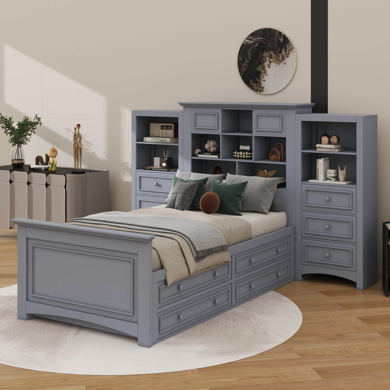Lit plateforme simple en bois avec armoire verticale intégrée et double ensemble de 4 tiroirs de chaque côté, gris