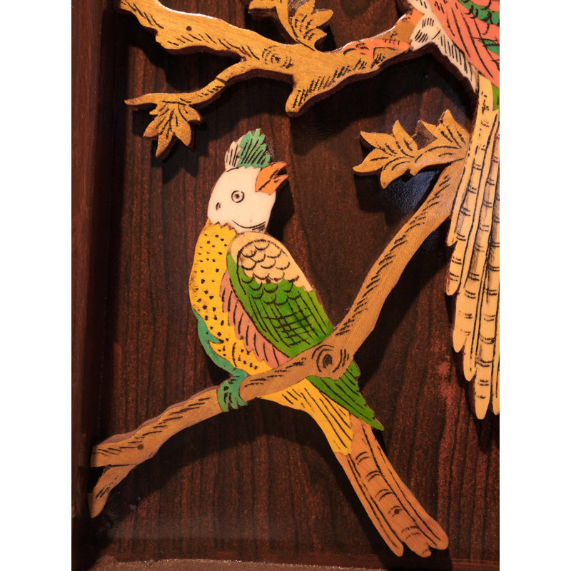 Tree of Life 3D Wood Relief Wall Art, 31-Inch Hand-Carved Bird Scene with Inlay