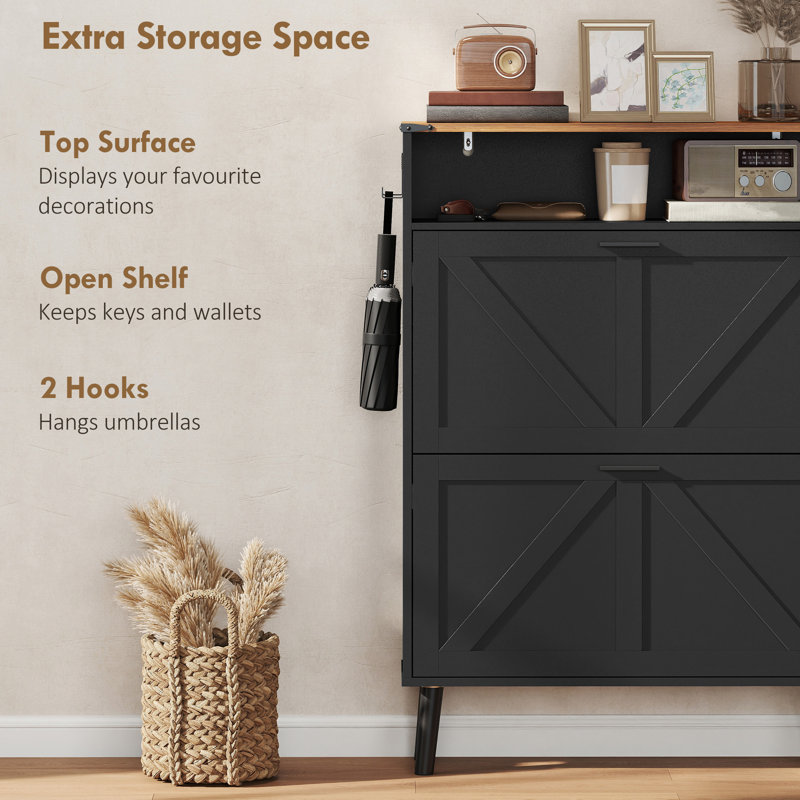 Armoire à chaussures avec 2 tiroirs rabattables, armoire à chaussures étroite, noir, Noir / brun 