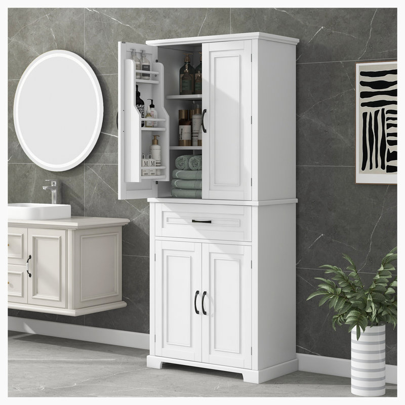 Armoire de rangement de salle de bain avec portes et tiroir, plusieurs espaces de rangement, tablette réglable