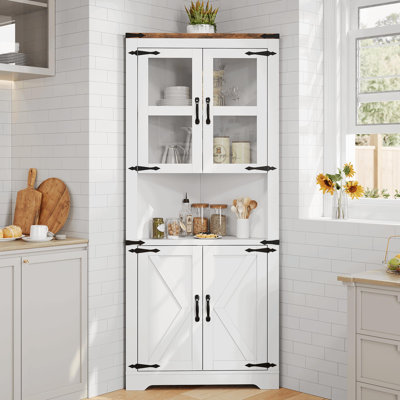 Tall Corner Cabinet, Farmhouse Corner Storage Cabinet with Glass Door & Adjustable Shelves, Space Saving Storage