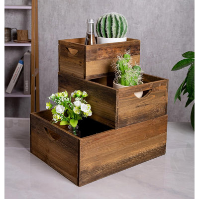 Set of 3 Rustic Distressed Wood Nesting Crates,Natural