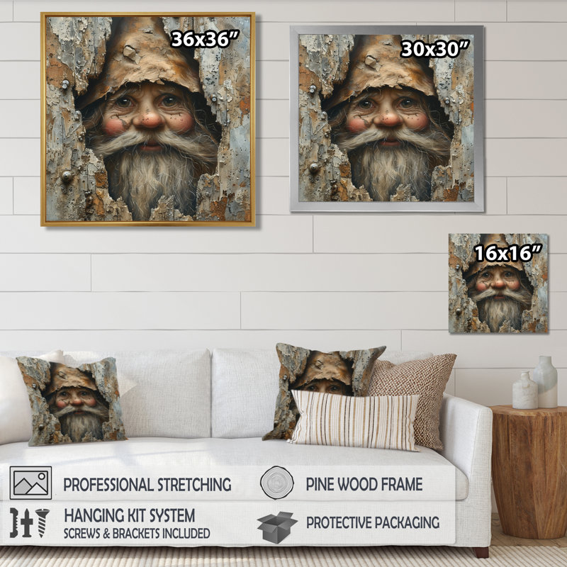 Beige gnome espion dans une enceinte en bois - art mural gnome, H 36 po x l 36 po, Cadre photo blanc simple, bois massif
