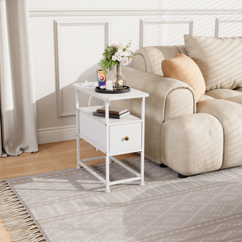 Modern Side Table With Drawer, Open Shelf, USB & Type-C Charging Ports, EU Socket, 30 × 60 × 62 cm, White Wood