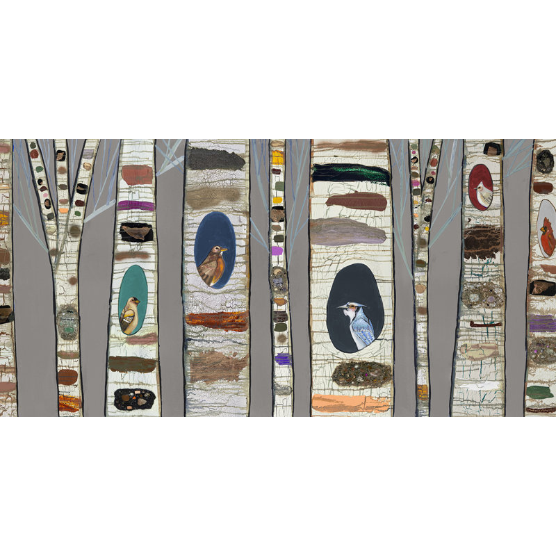 " Birch Tree With Wild Birds - Fall " Painting Print, 12" H x 24" W