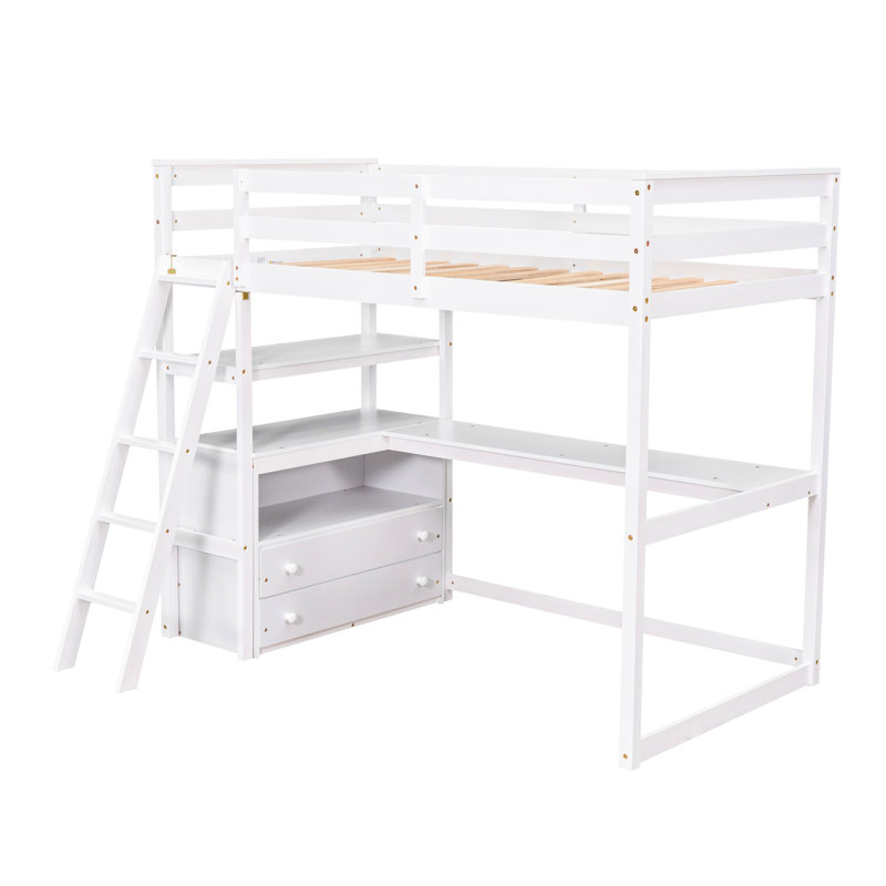 Lit mezzanine simple avec bureau et tablettes - blanc, bureau fonctionnel à structure blanche et compartiment de tiroir