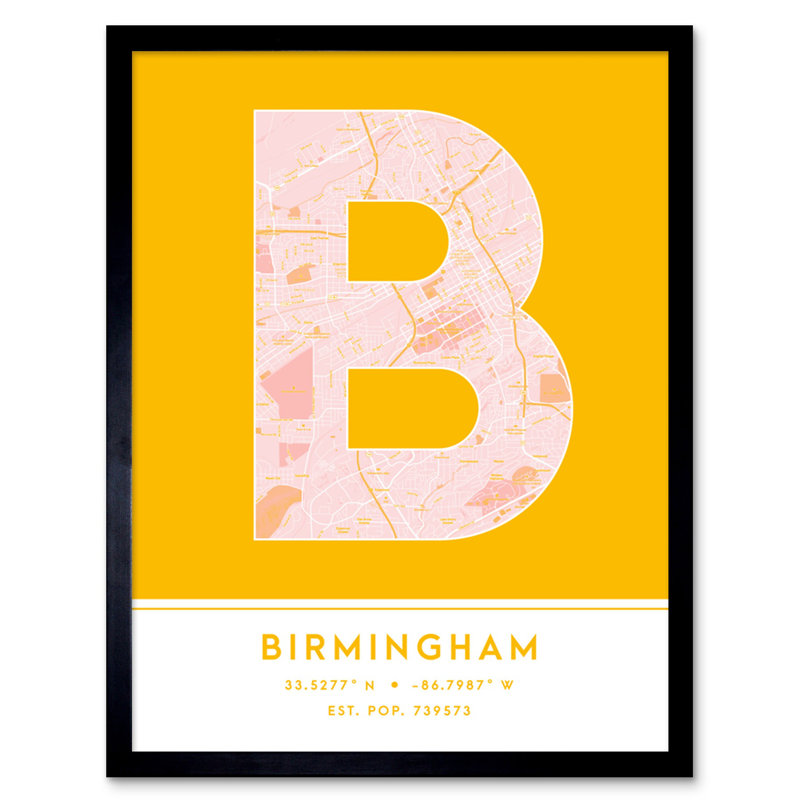 Birmingham Alabama United States City Map Yellow 1 Piece Single Picture Frame Wall Art