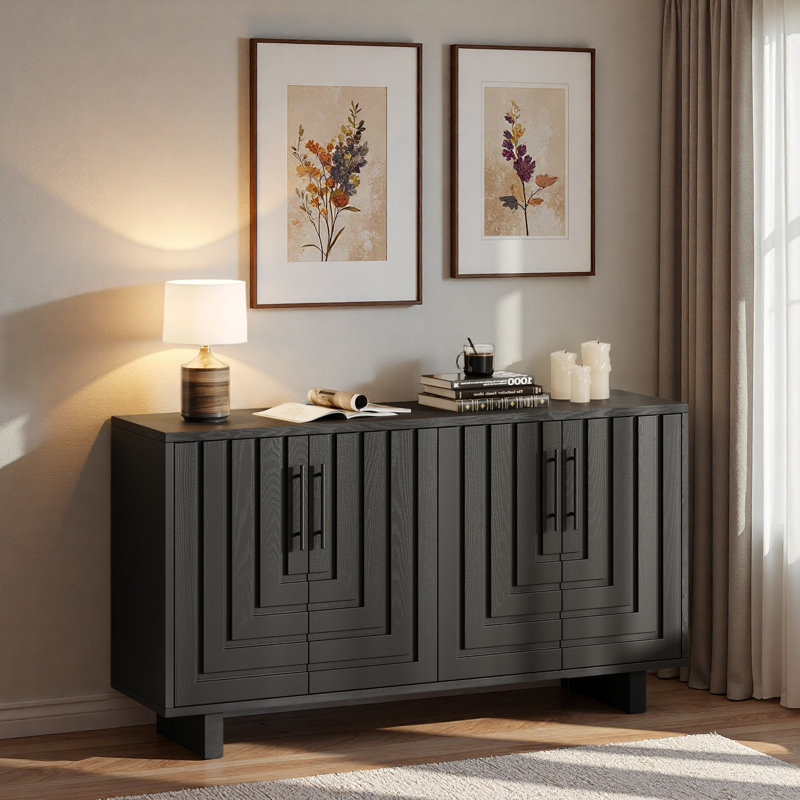 Buffet moderne avec poignées en métal et ligne géométrique, Noir