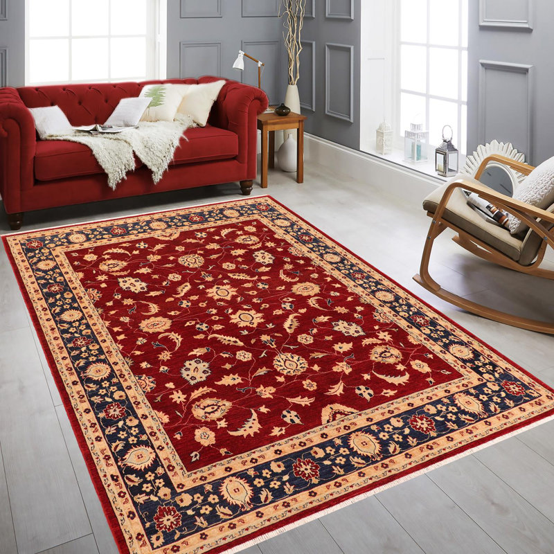 Tapis rouge / bleu en laine noué à la main 8 pi x 11 pi 5 po Abbigail Southwestern