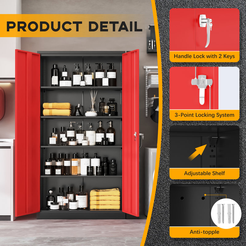 Steel Single Storage Cabinet with Lock ( 72'' H x 32'' W x 16'' D), Black/Red
