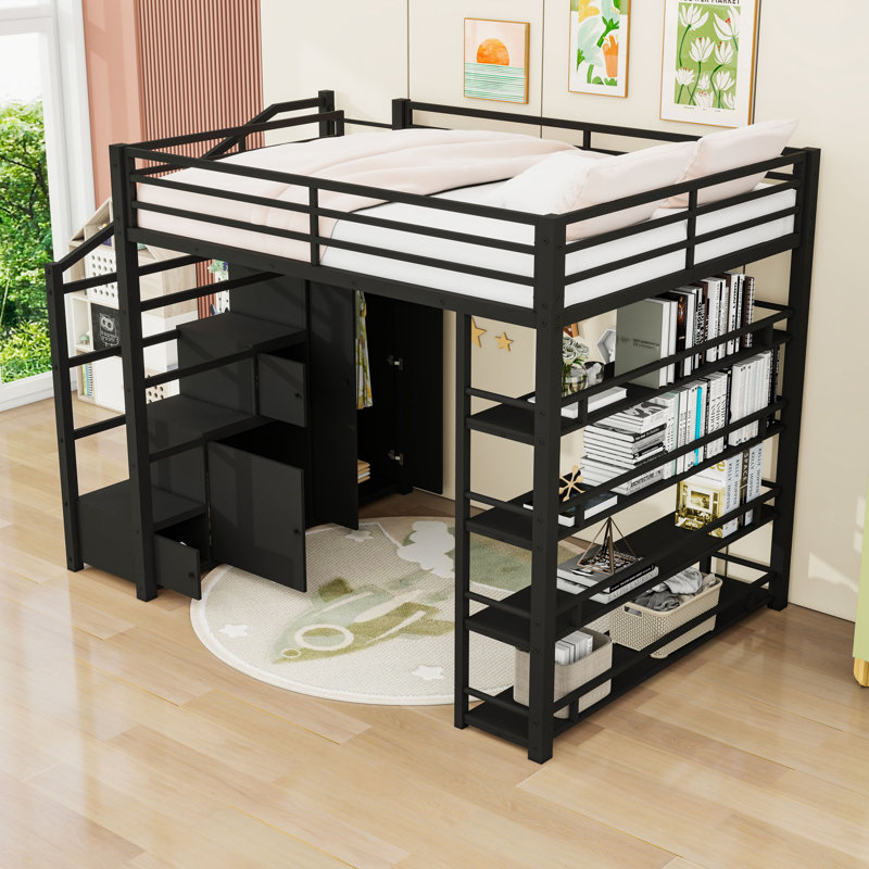 Queen Size Loft Bed with Storage Shelves, Wardrobe and Staircase