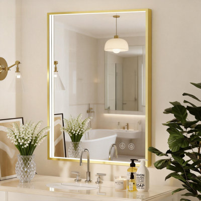 Miroir de salle de bain rectangulaire à cadre en métal à DEL, miroir de salle de bain à DEL avec lumières, miroir mural lumineux avec antibuée, fonction mémoire, à intensité variable