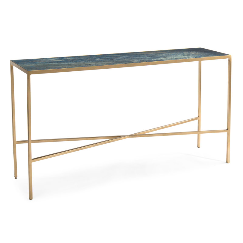 Gold and Blue Glass Top Console Table with Metal Frame