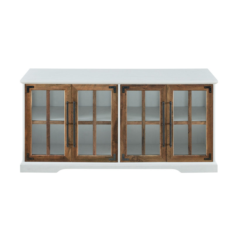 Meuble télé pour téléviseur de 65 po ou moins avec fenêtre en verre à deux tons Modern Farmhouse - blanc brossé / chêne rustique sur place