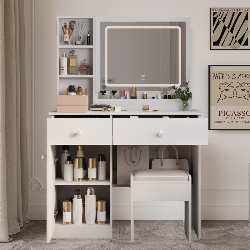 Bureau de coiffeuse avec éclairage réglable, miroir, tabouret